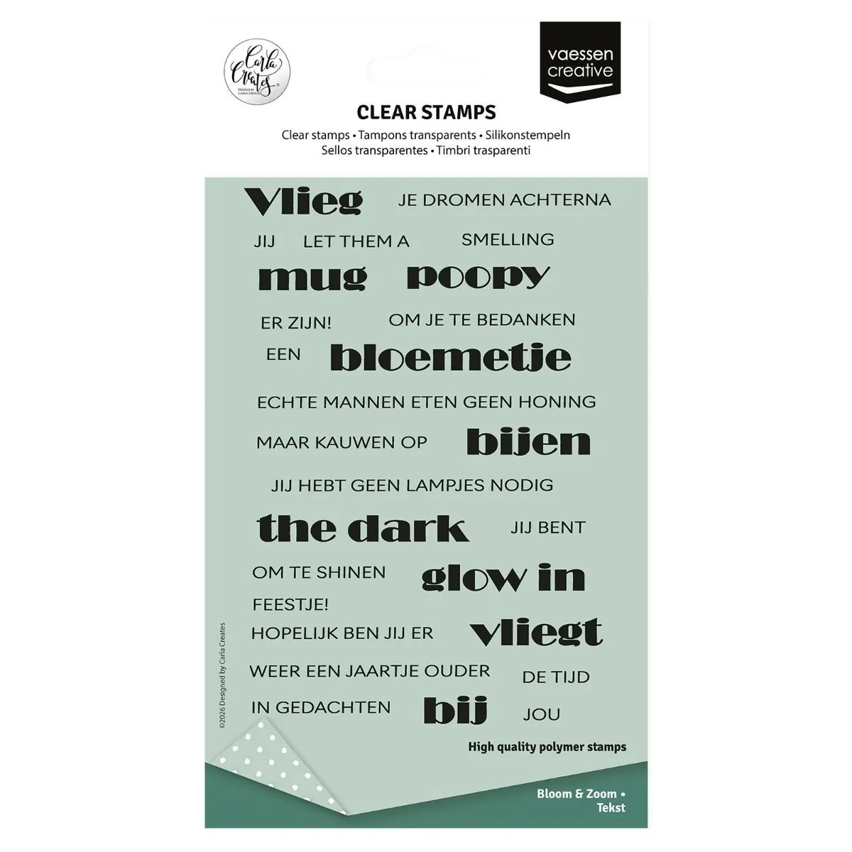 Vaessen Creative - Clear Stamps by Carla Creates - Tekst Bloom & Zoom 27st. (CAR0304)