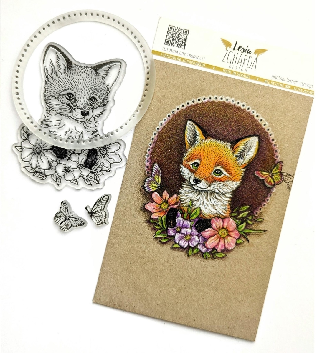 Lesia Zgharda Design photopolymer Stamp 'Fox cub with flowers' (FA262)